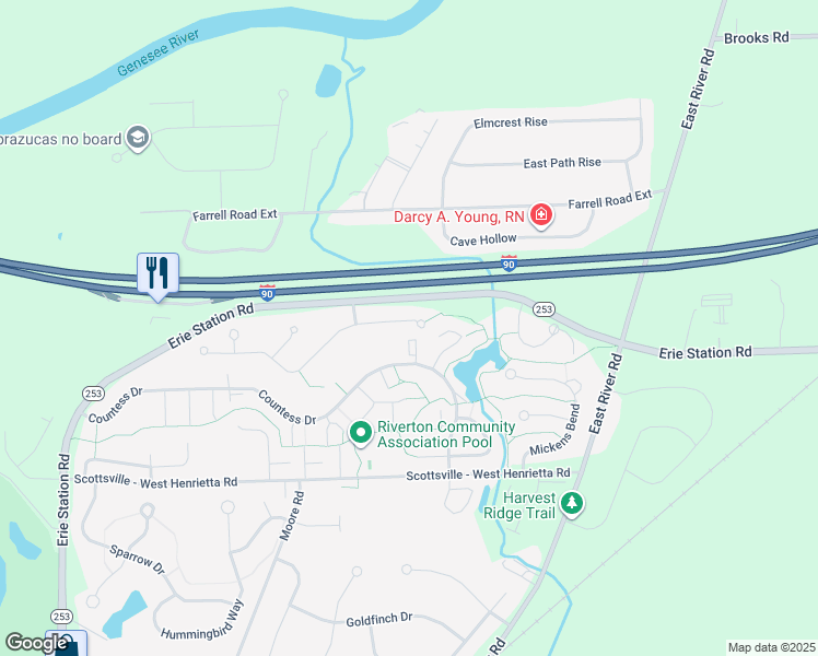 map of restaurants, bars, coffee shops, grocery stores, and more near 15 Coneflower Drive in West Henrietta