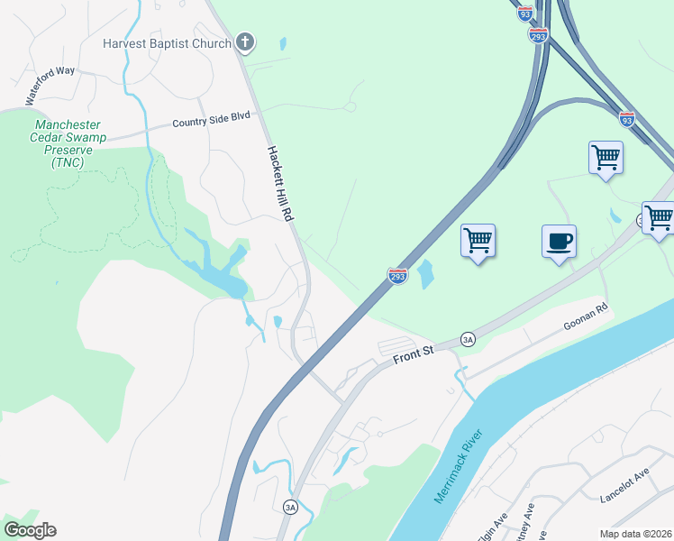 map of restaurants, bars, coffee shops, grocery stores, and more near 11 Poore Road in Hooksett