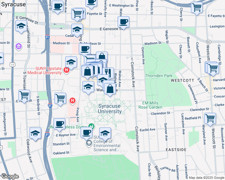map of restaurants, bars, coffee shops, grocery stores, and more near Waverly Avenue in Syracuse