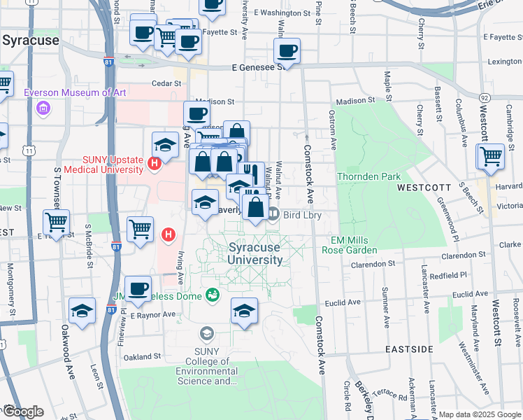 map of restaurants, bars, coffee shops, grocery stores, and more near Waverly Avenue in Syracuse