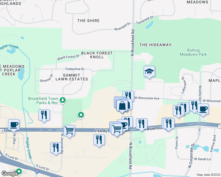 map of restaurants, bars, coffee shops, grocery stores, and more near 19000 Toldt Woods Drive in Brookfield