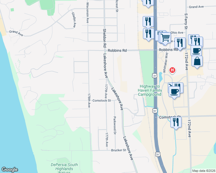 map of restaurants, bars, coffee shops, grocery stores, and more near 15020 177th Avenue in Grand Haven