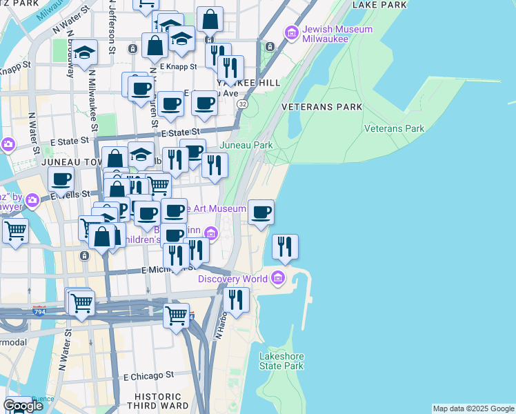 map of restaurants, bars, coffee shops, grocery stores, and more near 906 East Mason Street in Milwaukee
