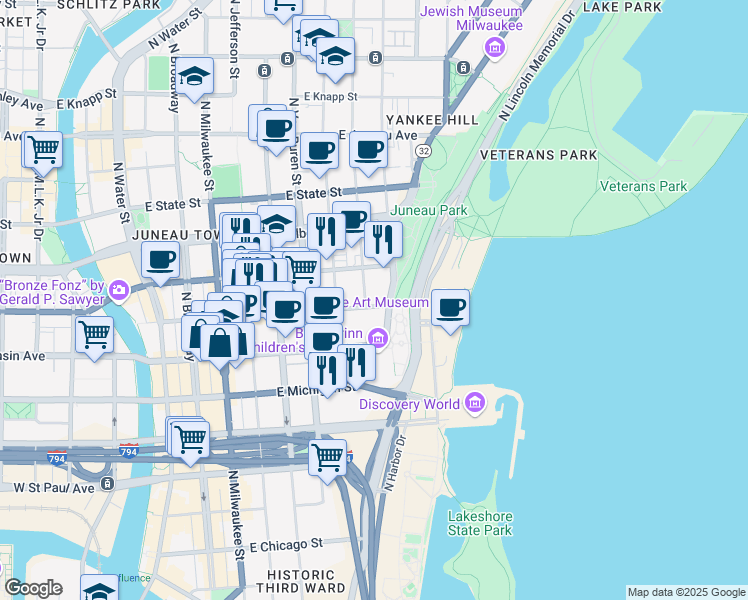map of restaurants, bars, coffee shops, grocery stores, and more near 906 E Mason St in Milwaukee