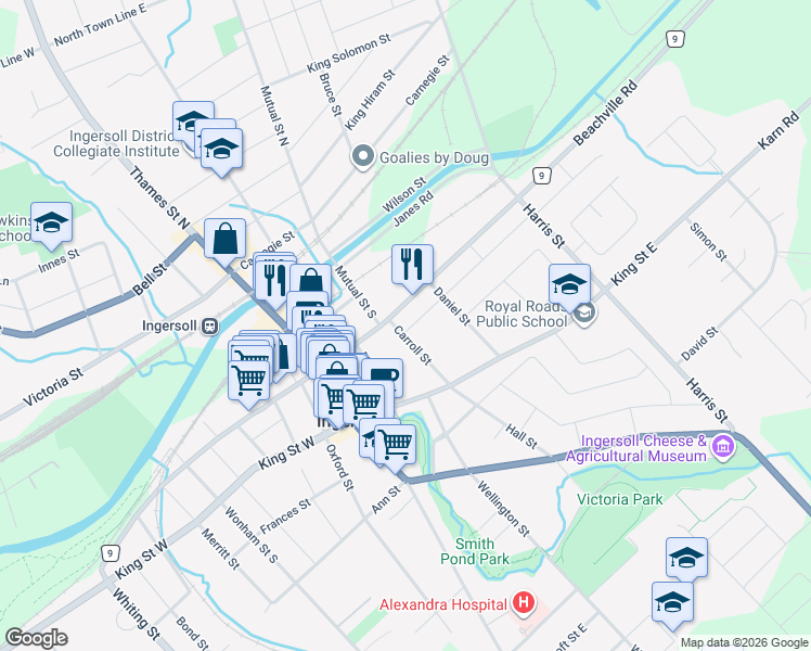 map of restaurants, bars, coffee shops, grocery stores, and more near 109 Carroll Street in Ingersoll