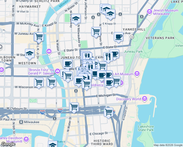 map of restaurants, bars, coffee shops, grocery stores, and more near 775 North Jackson Street in Milwaukee