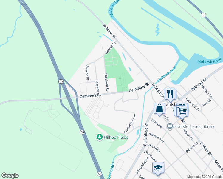 map of restaurants, bars, coffee shops, grocery stores, and more near 128 Cemetery Street in Frankfort