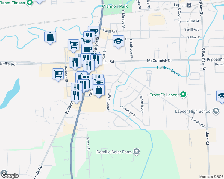 map of restaurants, bars, coffee shops, grocery stores, and more near 34 Killdeer Court in Lapeer