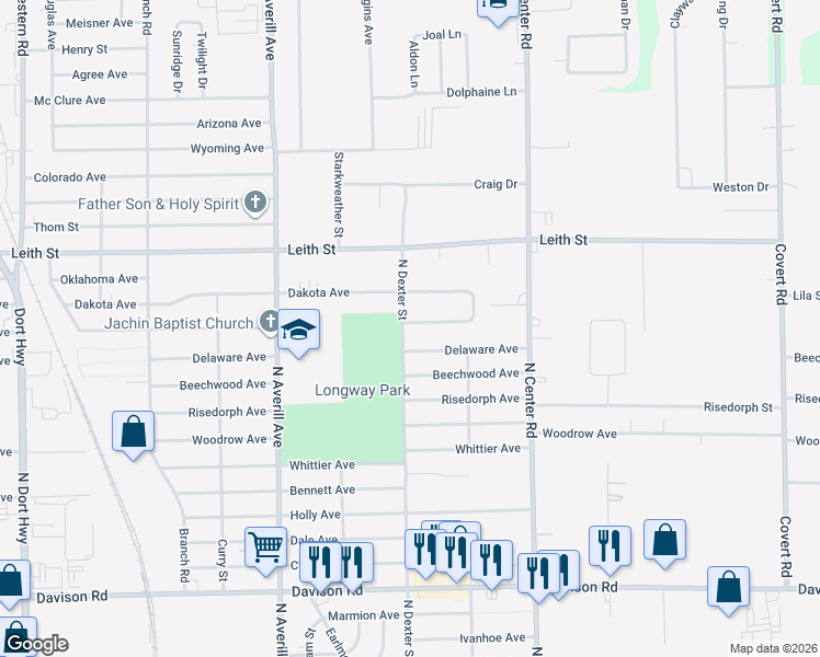 map of restaurants, bars, coffee shops, grocery stores, and more near 3702 Maryland Avenue in Flint