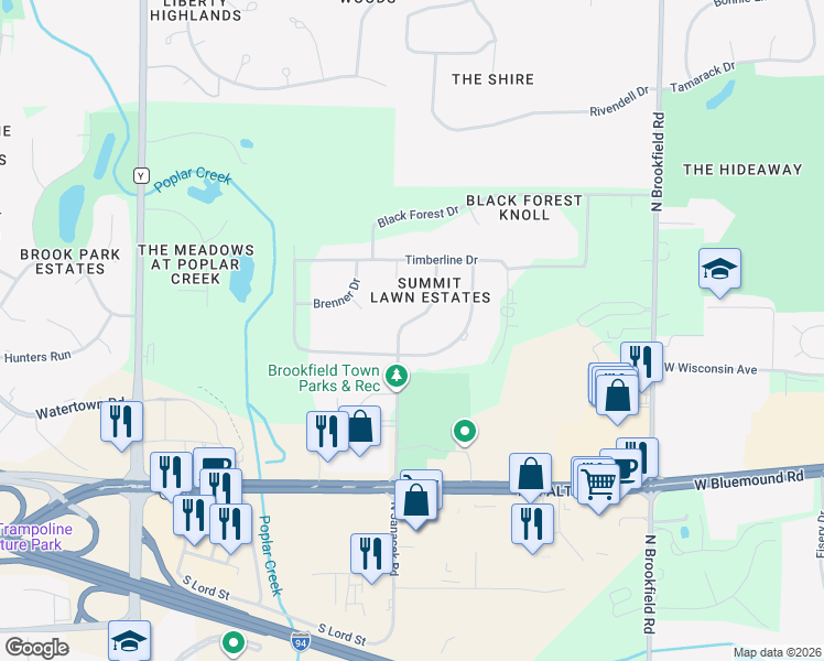 map of restaurants, bars, coffee shops, grocery stores, and more near 815 North Janacek Road in Brookfield
