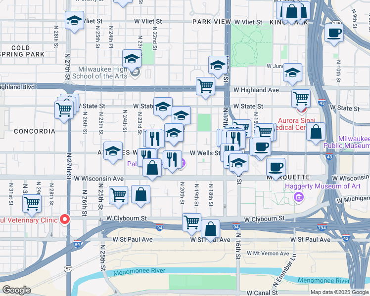 map of restaurants, bars, coffee shops, grocery stores, and more near 812 North 20th Street in Milwaukee