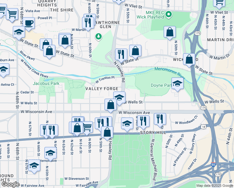 map of restaurants, bars, coffee shops, grocery stores, and more near 5629 West Valley Forge Drive in Milwaukee