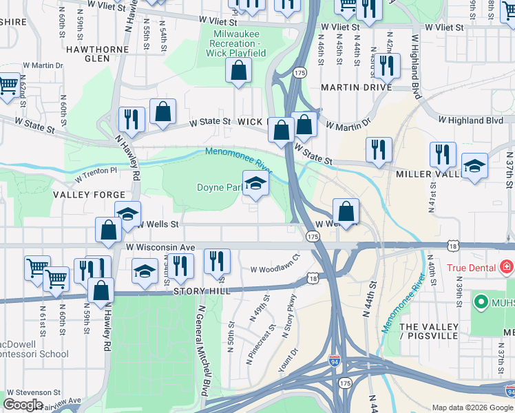 map of restaurants, bars, coffee shops, grocery stores, and more near 920 North 49th Street in Milwaukee