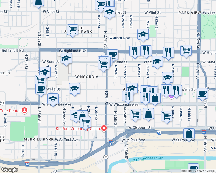 map of restaurants, bars, coffee shops, grocery stores, and more near 831 North 27th Street in Milwaukee