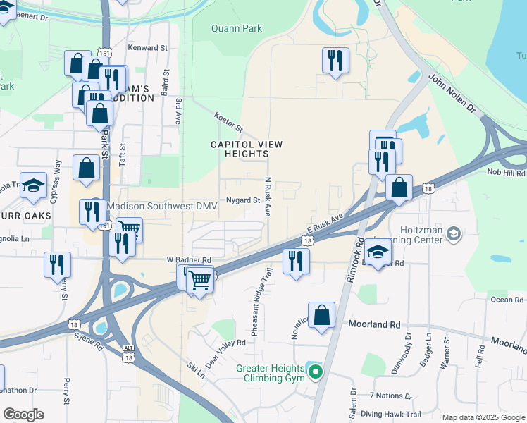 map of restaurants, bars, coffee shops, grocery stores, and more near 2214 North Rusk Avenue in Madison
