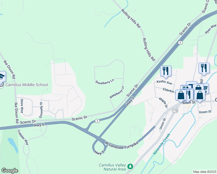 map of restaurants, bars, coffee shops, grocery stores, and more near 107 Snowberry Ln in Camillus