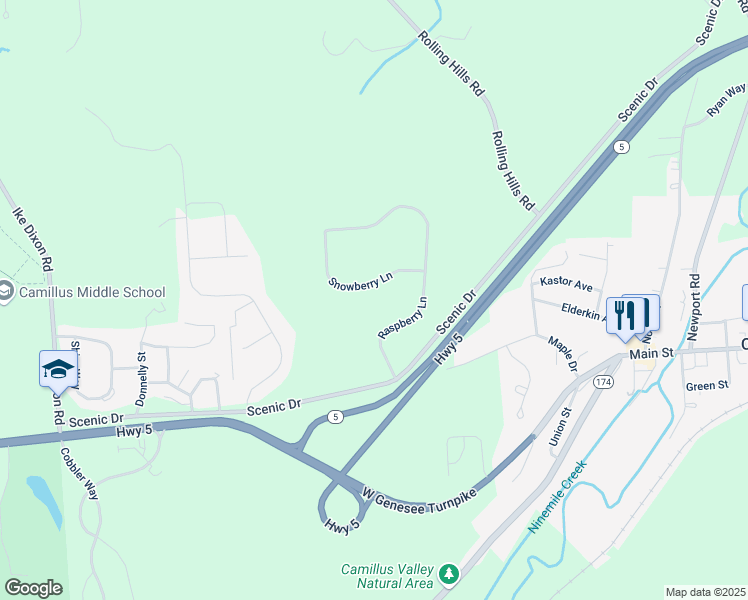 map of restaurants, bars, coffee shops, grocery stores, and more near 107 Snowberry Lane in Camillus