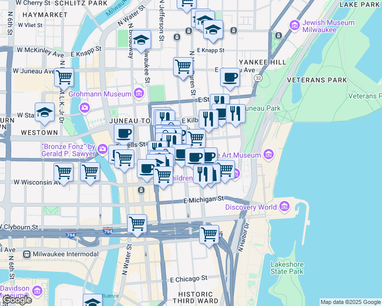 map of restaurants, bars, coffee shops, grocery stores, and more near 802 North Van Buren Street in Milwaukee