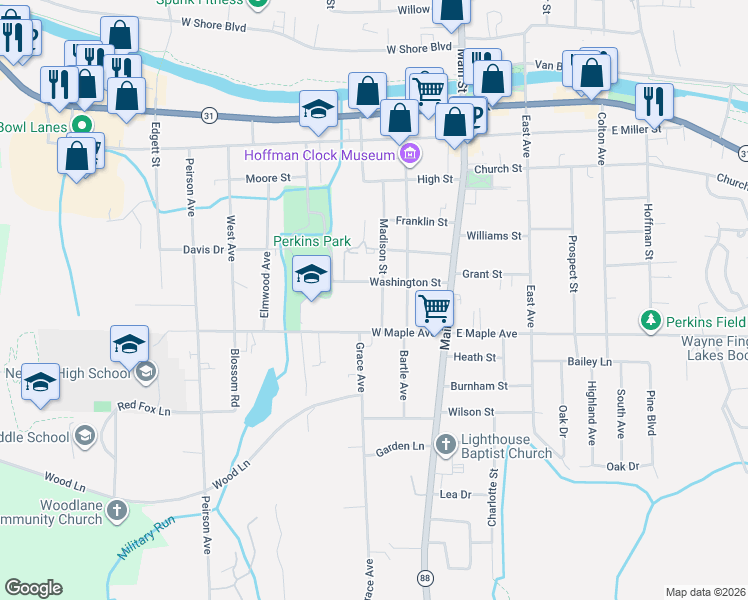 map of restaurants, bars, coffee shops, grocery stores, and more near 212 Washington Street in Newark