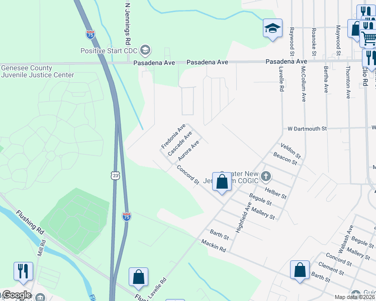 map of restaurants, bars, coffee shops, grocery stores, and more near 3598 Concord Street in Flint