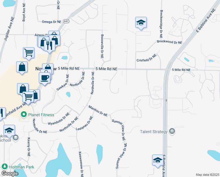 map of restaurants, bars, coffee shops, grocery stores, and more near 4365 Willow Lane Drive Northeast in Grand Rapids