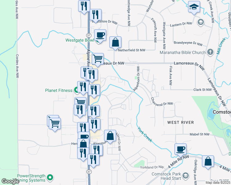 map of restaurants, bars, coffee shops, grocery stores, and more near 649 York Creek Drive in Comstock Park