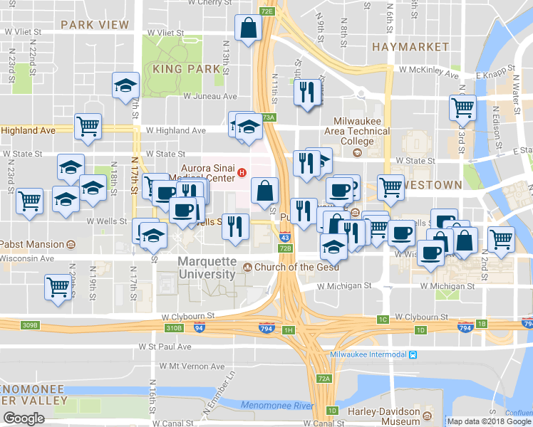 map of restaurants, bars, coffee shops, grocery stores, and more near 803 North 10th Street in Milwaukee