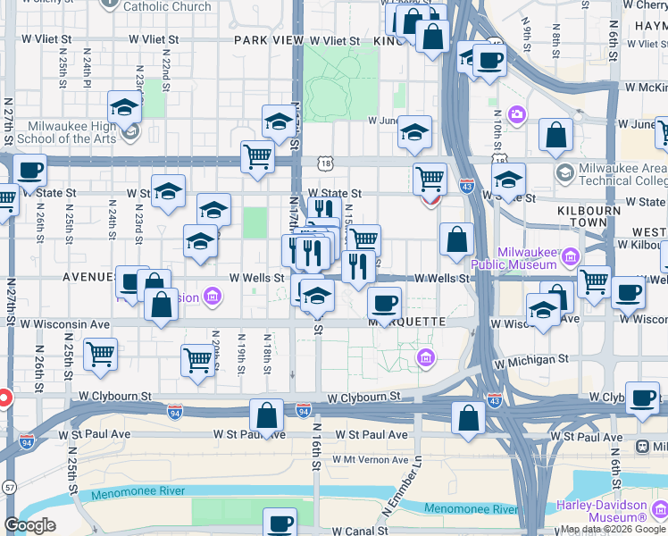 map of restaurants, bars, coffee shops, grocery stores, and more near in Milwaukee