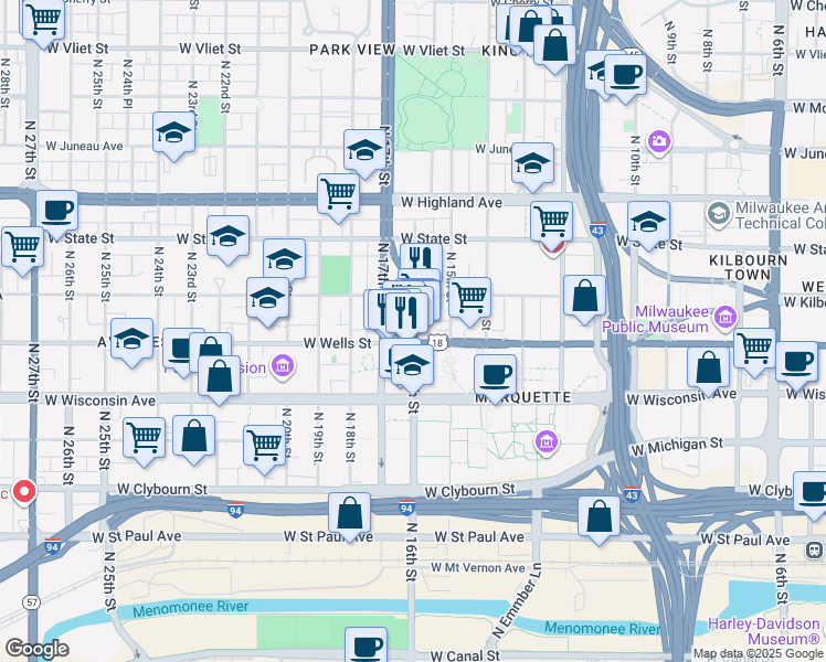 map of restaurants, bars, coffee shops, grocery stores, and more near 1532 West Wells Street in Milwaukee