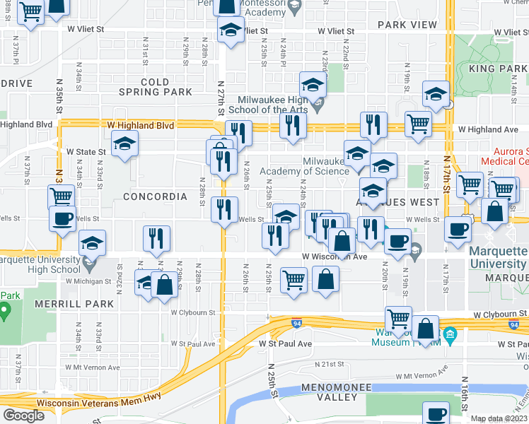 map of restaurants, bars, coffee shops, grocery stores, and more near 833 North 25th Street in Milwaukee