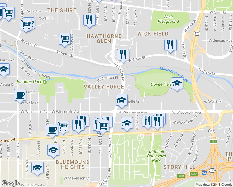 map of restaurants, bars, coffee shops, grocery stores, and more near 5629 West Valley Forge Drive in Milwaukee