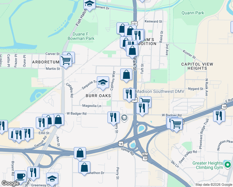 map of restaurants, bars, coffee shops, grocery stores, and more near 2301 Cypress Way in Madison