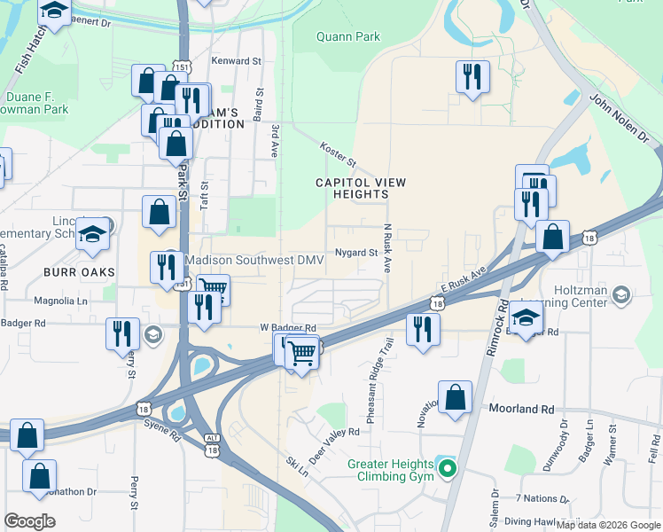 map of restaurants, bars, coffee shops, grocery stores, and more near 107 Nygard Street in Madison