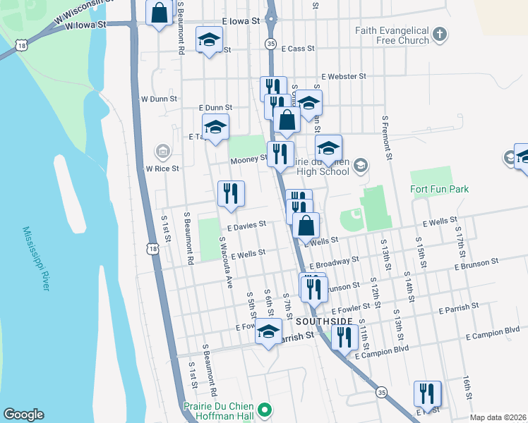 map of restaurants, bars, coffee shops, grocery stores, and more near 507 Parkview Court in Prairie du Chien