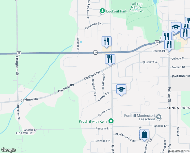 map of restaurants, bars, coffee shops, grocery stores, and more near 39 Oakridge Boulevard in Pelham