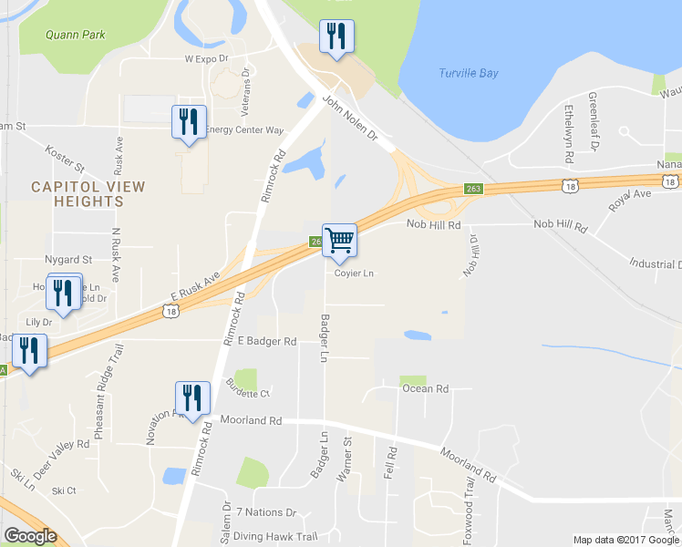 map of restaurants, bars, coffee shops, grocery stores, and more near 340 Coyier Ln in Madison