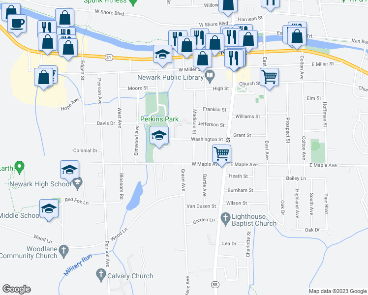 map of restaurants, bars, coffee shops, grocery stores, and more near 310 Washington Street in Newark