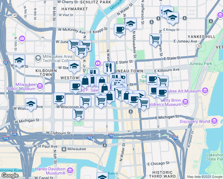 map of restaurants, bars, coffee shops, grocery stores, and more near 125 East Wells Street in Milwaukee