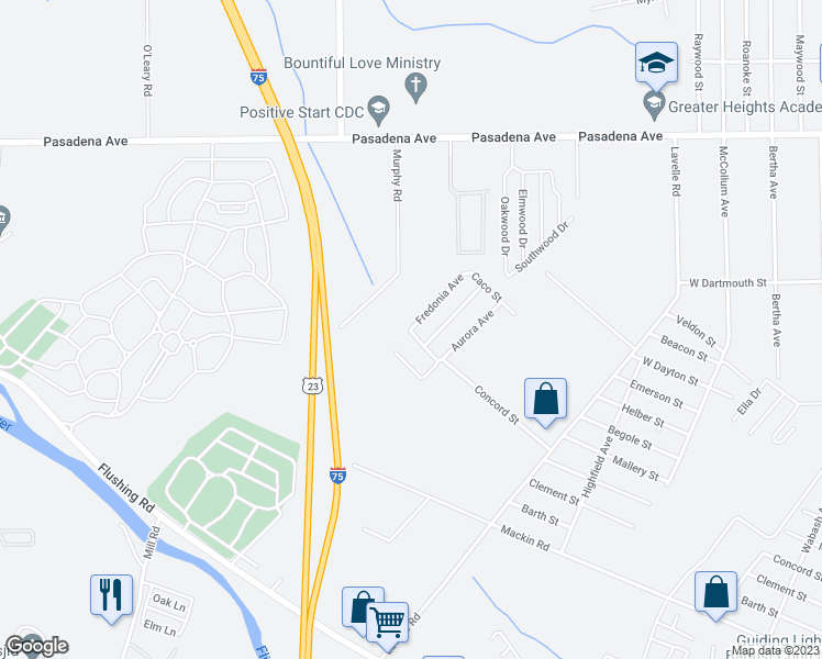 map of restaurants, bars, coffee shops, grocery stores, and more near 2289 Fredonia Avenue in Flint