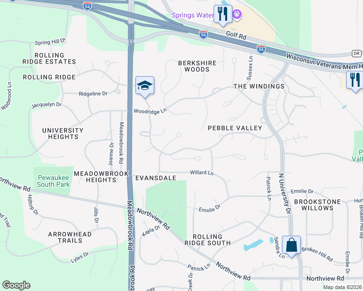 map of restaurants, bars, coffee shops, grocery stores, and more near 2725 Lancaster Drive in Waukesha