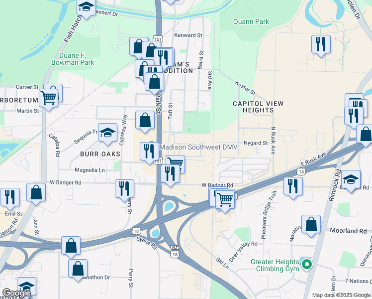map of restaurants, bars, coffee shops, grocery stores, and more near 2205 Woodview Court in Madison