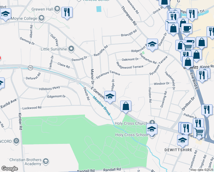 map of restaurants, bars, coffee shops, grocery stores, and more near 123 Stoneridge Drive in Syracuse