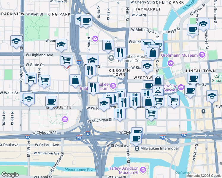 map of restaurants, bars, coffee shops, grocery stores, and more near 800 West Wells Street in Milwaukee