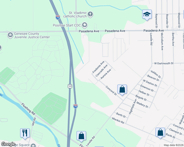 map of restaurants, bars, coffee shops, grocery stores, and more near 2316 Fredonia Avenue in Flint
