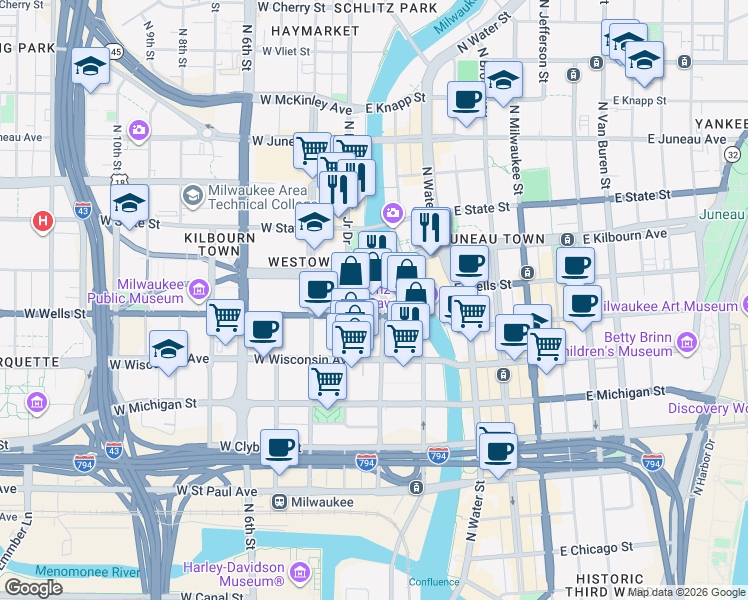 map of restaurants, bars, coffee shops, grocery stores, and more near 823 North 2nd Street in Milwaukee