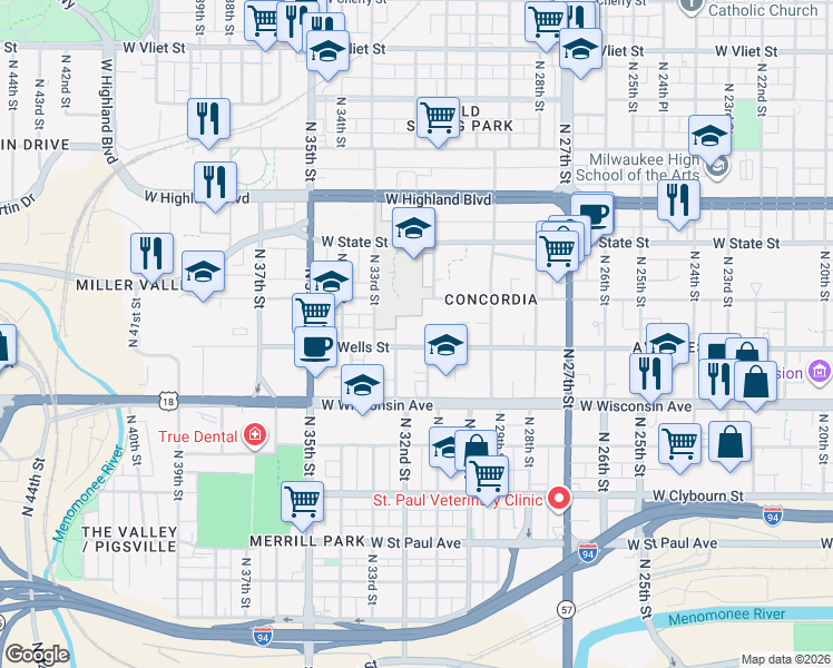 map of restaurants, bars, coffee shops, grocery stores, and more near 3110 West Wells Street in Milwaukee