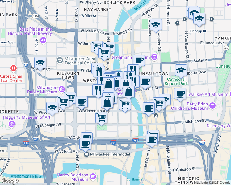 map of restaurants, bars, coffee shops, grocery stores, and more near 847 North Plankinton Avenue in Milwaukee