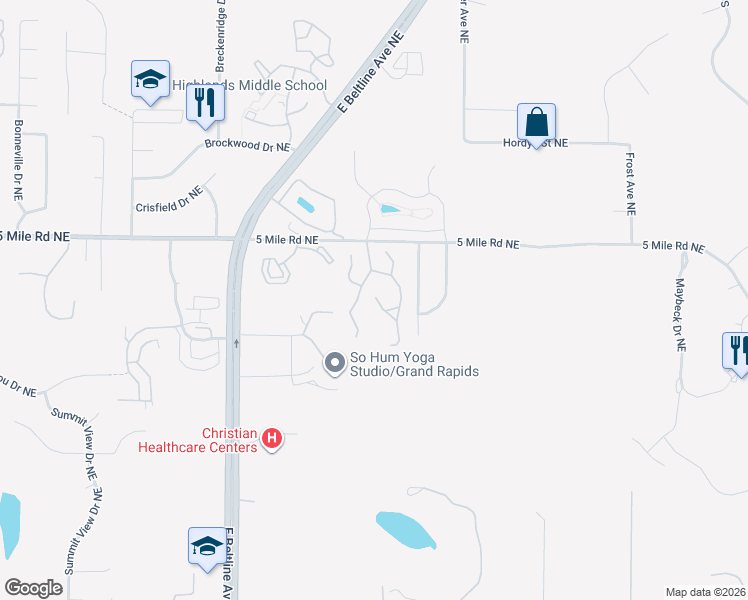 map of restaurants, bars, coffee shops, grocery stores, and more near 4278 Valley Side Court Northeast in Grand Rapids
