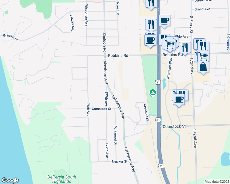 map of restaurants, bars, coffee shops, grocery stores, and more near 15010 Westray Street in Grand Haven