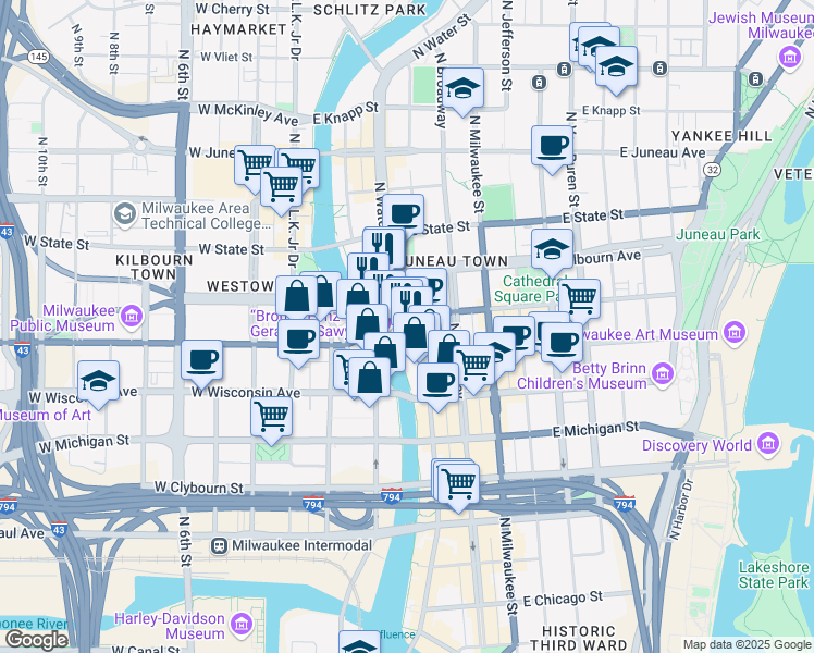 map of restaurants, bars, coffee shops, grocery stores, and more near 164 U.S. 18 in Milwaukee
